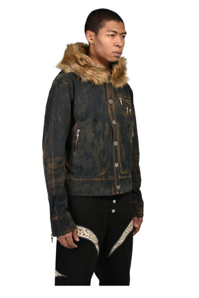 TC TWO TONE WASHED FUR HOODED JACKET / RUST BLK