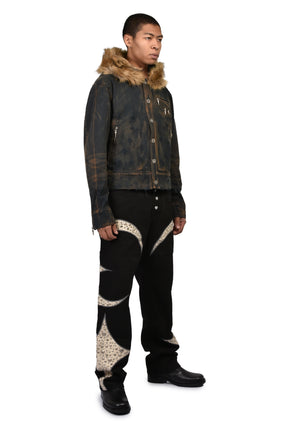 TC TWO TONE WASHED FUR HOODED JACKET / RUST BLK