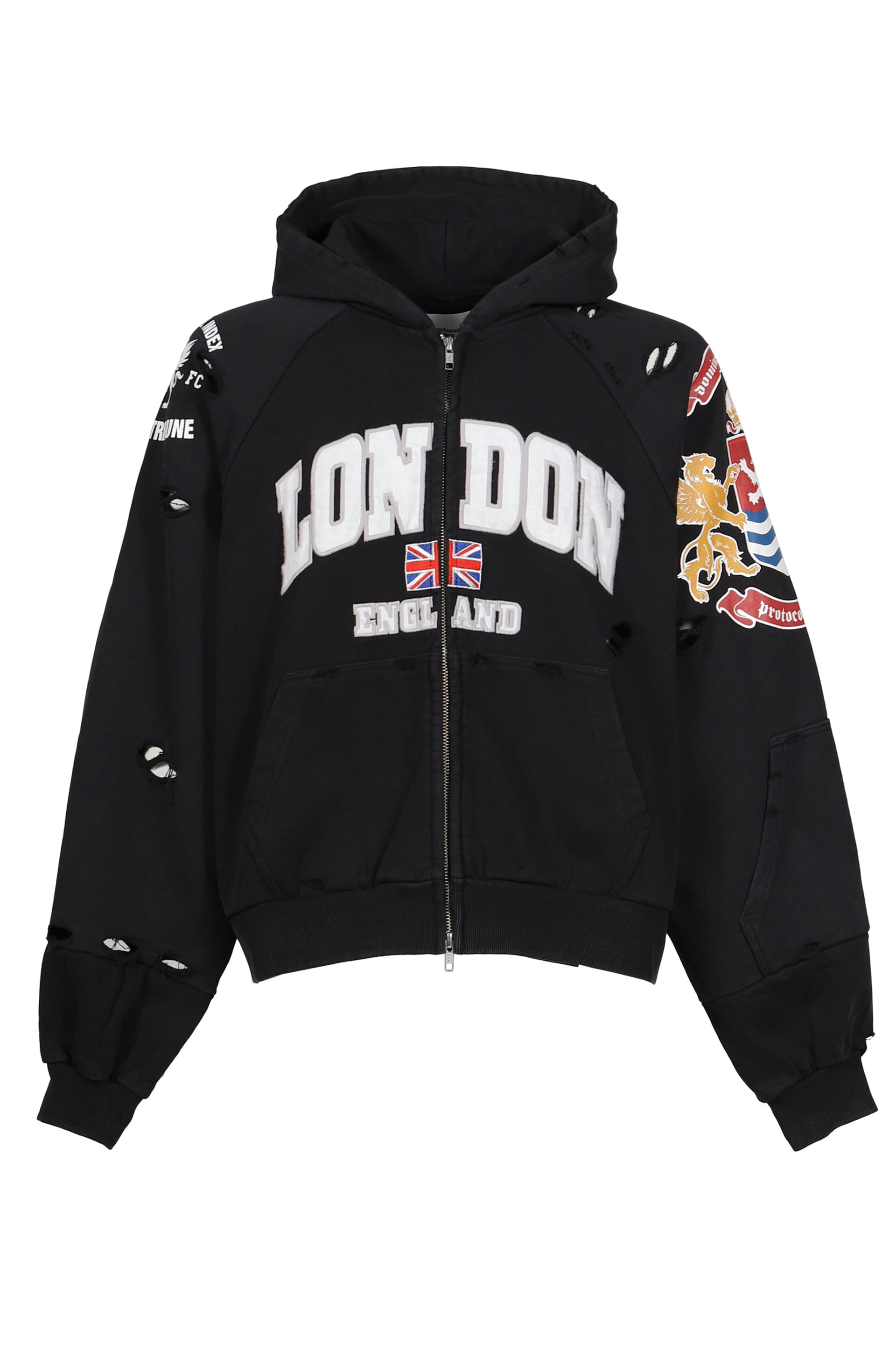 LONDON RECONSTRUCTED FOLDED ZIP HOODIE / BLK