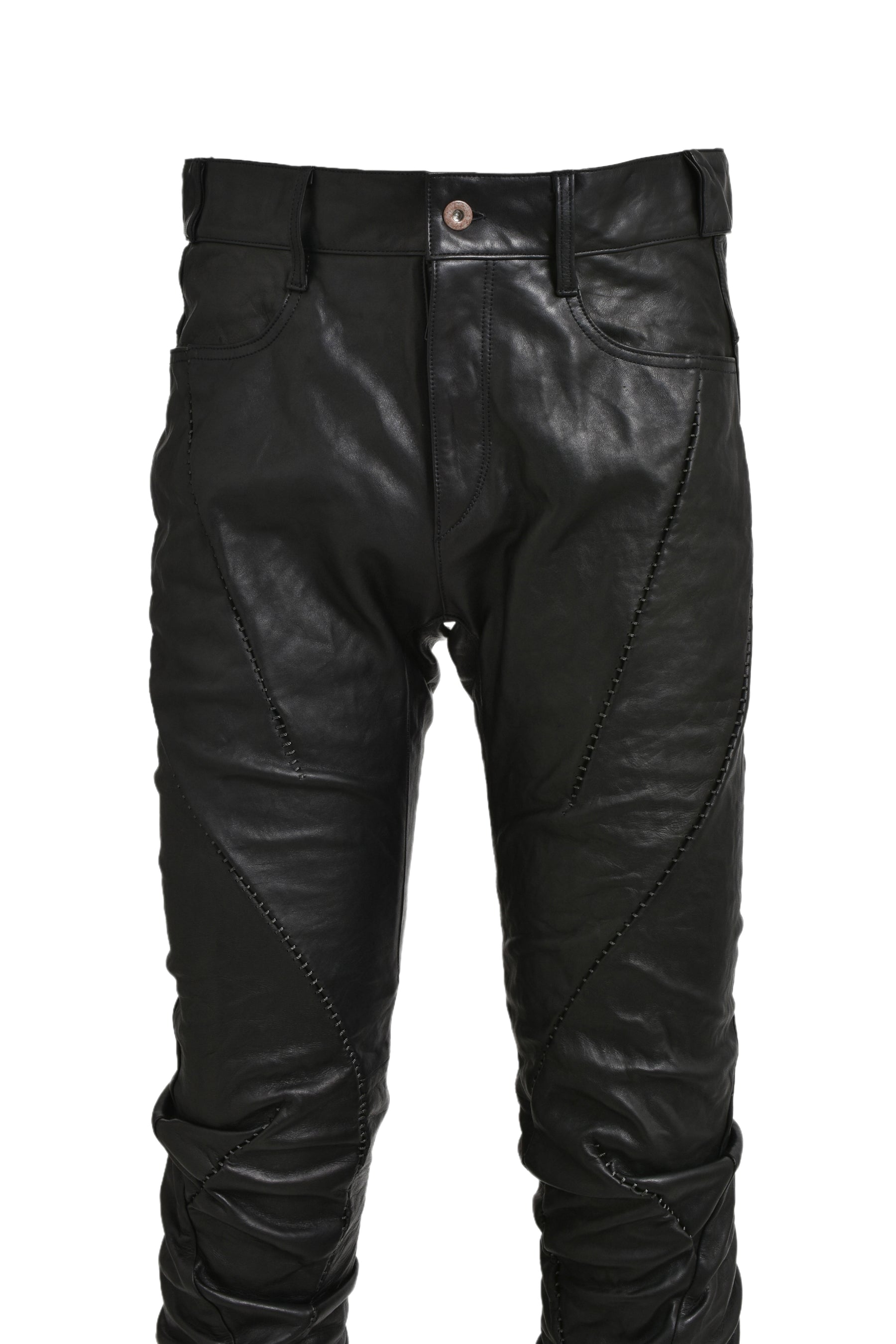 HORSE LEATHER OVERLOCK CURVE PANTS / BLK