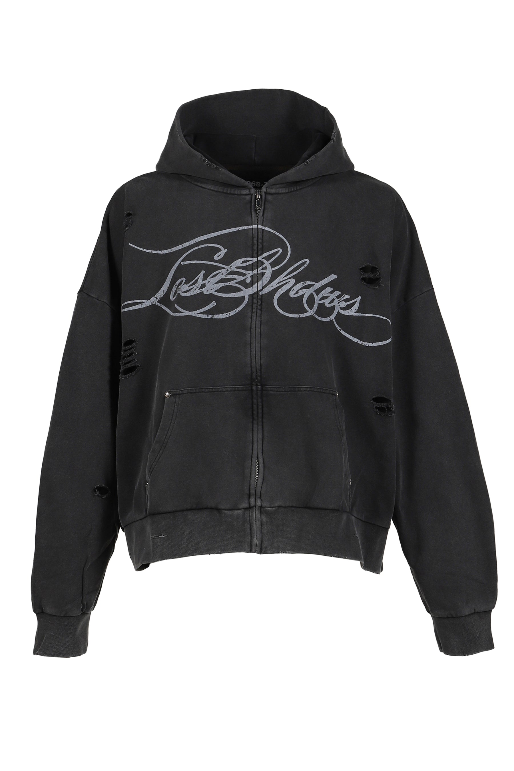 DISTRESSED SCRIPT ZIP-UP HOODIE / BLK