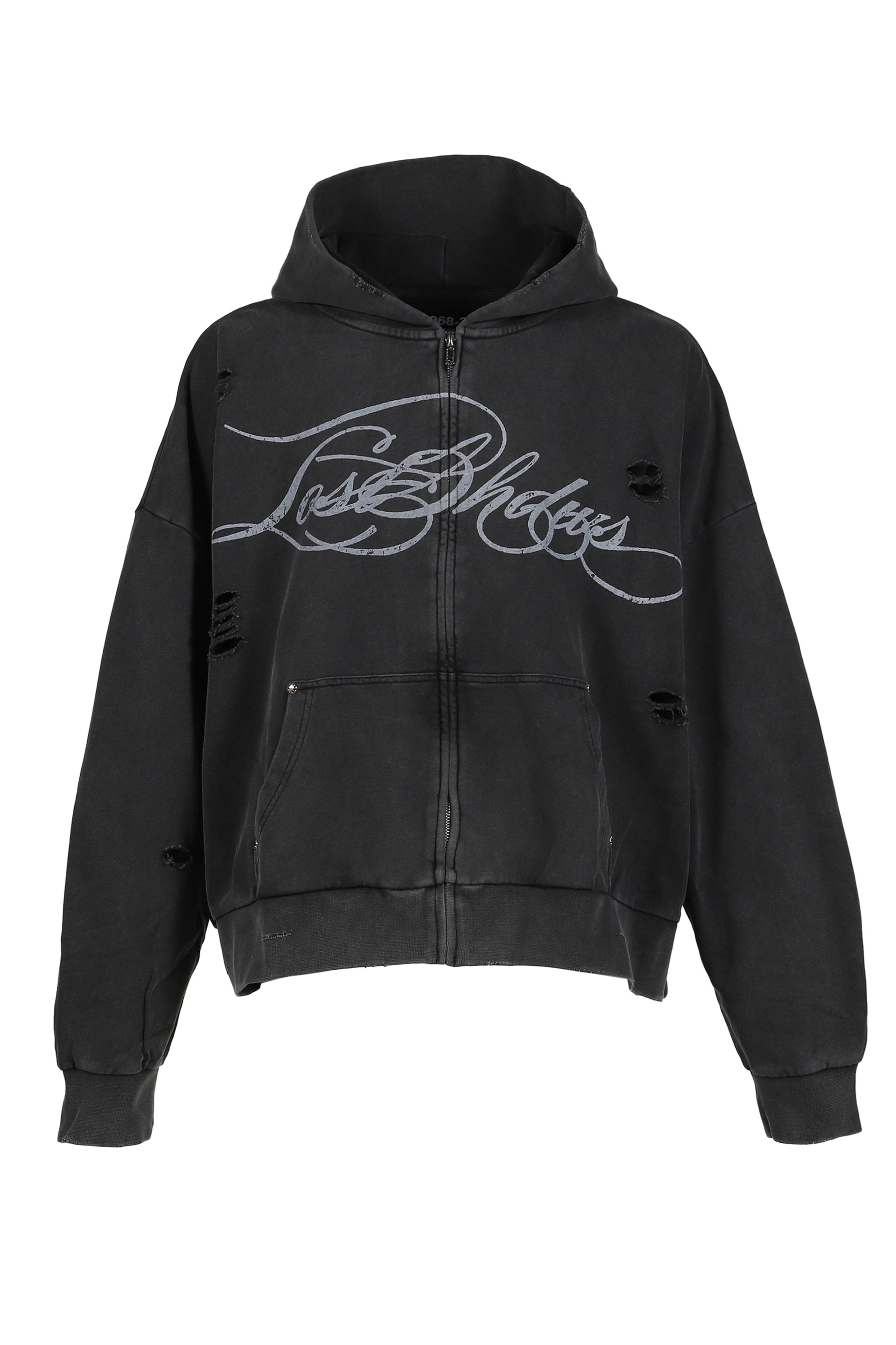 DISTRESSED SCRIPT ZIP-UP HOODIE / BLK