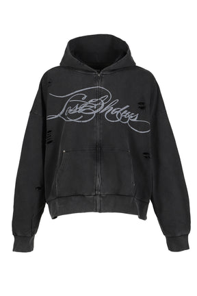 DISTRESSED SCRIPT ZIP-UP HOODIE / BLK