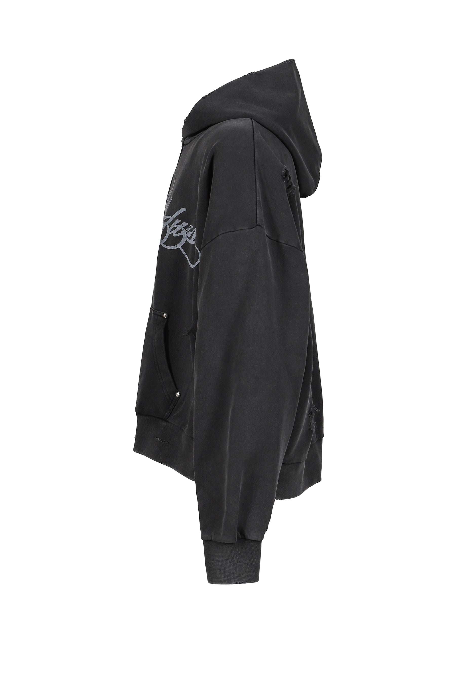 DISTRESSED SCRIPT ZIP-UP HOODIE / BLK