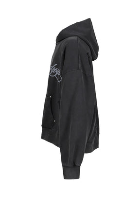 DISTRESSED SCRIPT ZIP-UP HOODIE / BLK