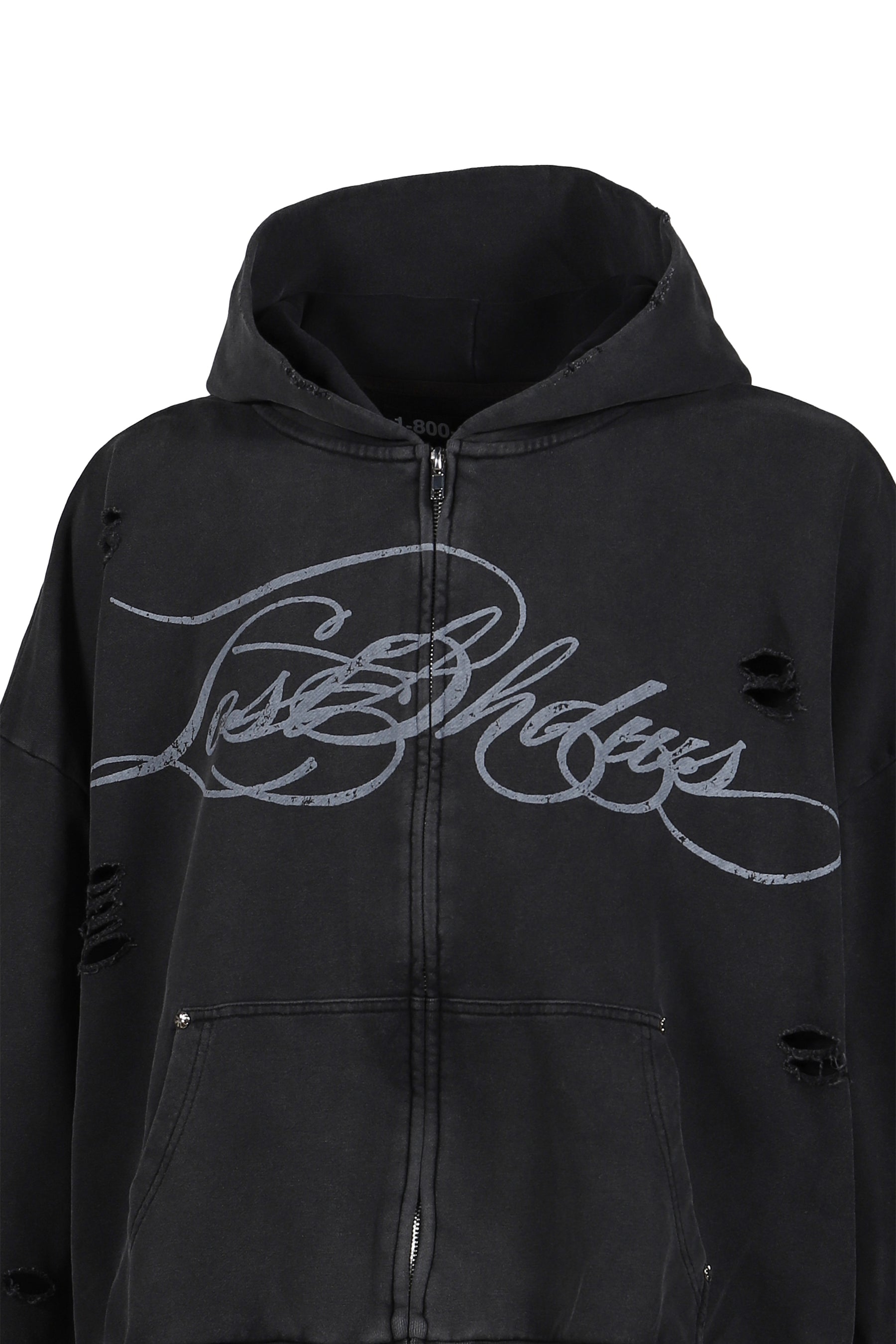 DISTRESSED SCRIPT ZIP-UP HOODIE / BLK