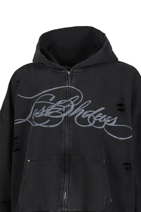 DISTRESSED SCRIPT ZIP-UP HOODIE / BLK