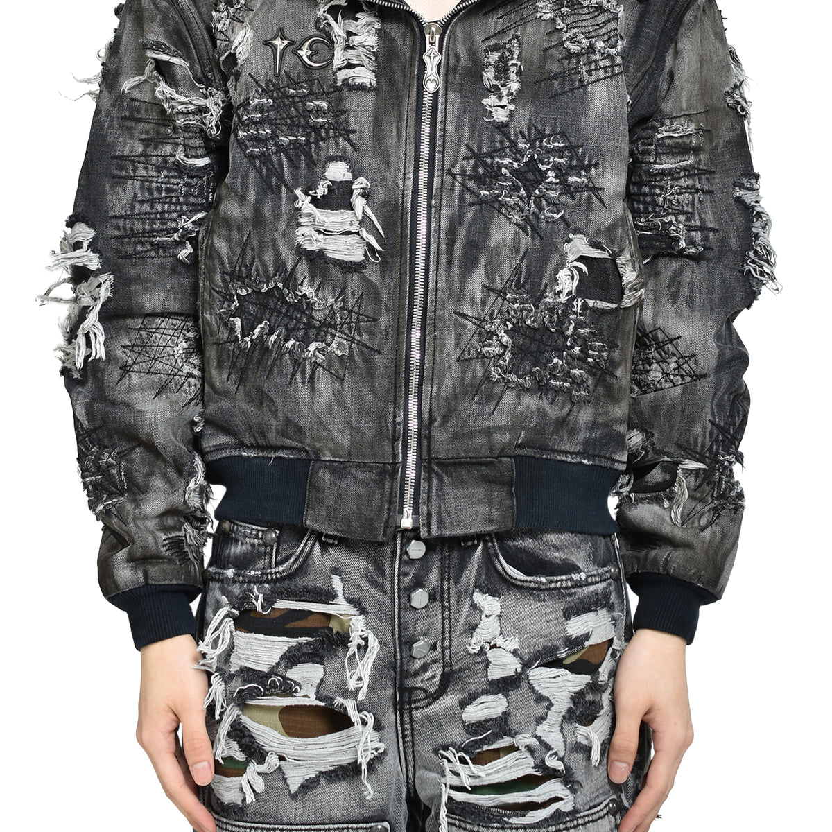 Thug Club サグクラブ FW25 HARD-WASHED DAMAGED DENIM HOODED ZIP-UP