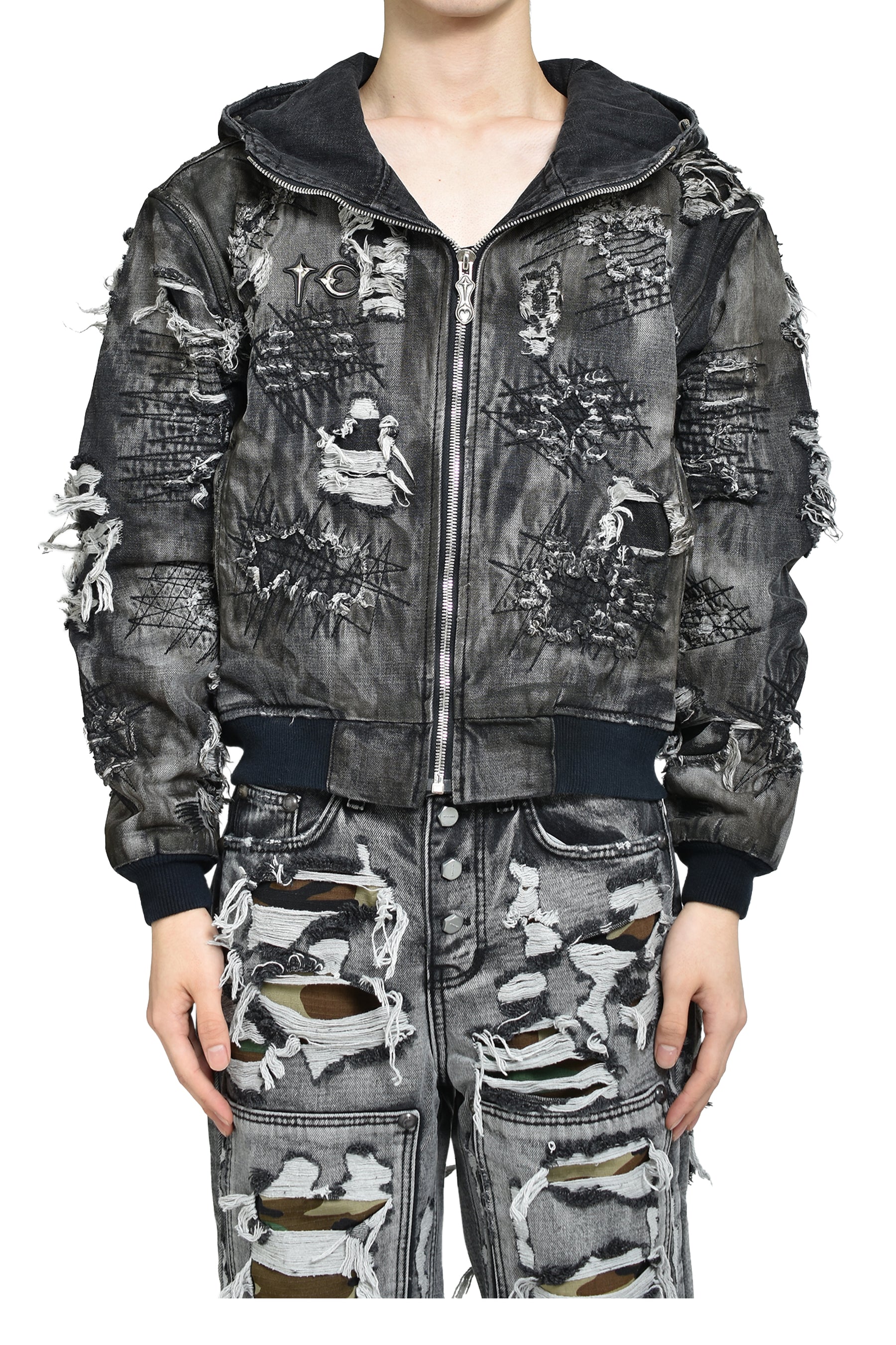 HARD-WASHED DAMAGED DENIM HOODED ZIP-UP / BLK 
