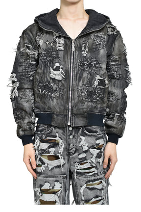 HARD-WASHED DAMAGED DENIM HOODED ZIP-UP / BLK 