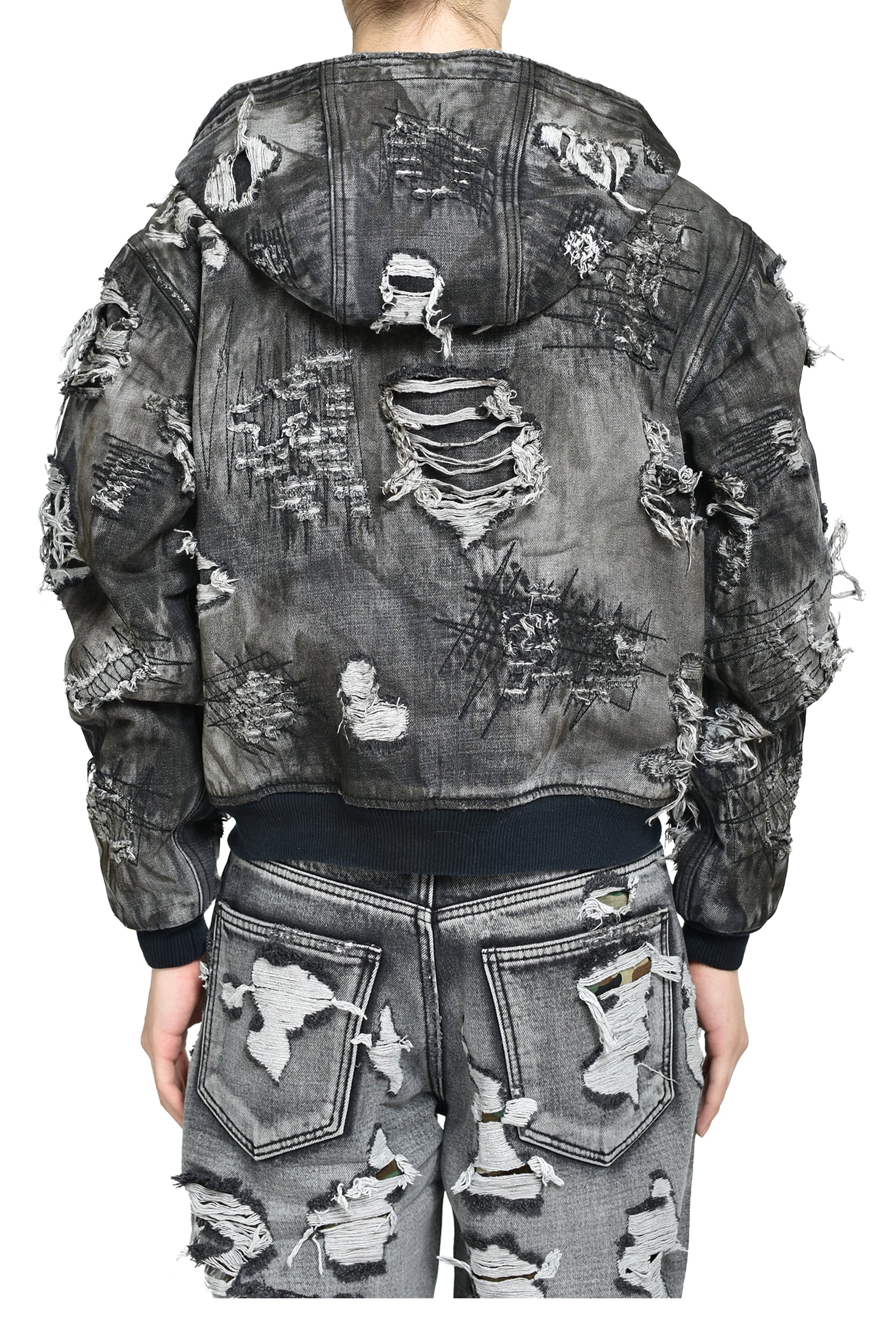 HARD-WASHED DAMAGED DENIM HOODED ZIP-UP / BLK