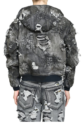 HARD-WASHED DAMAGED DENIM HOODED ZIP-UP / BLK 