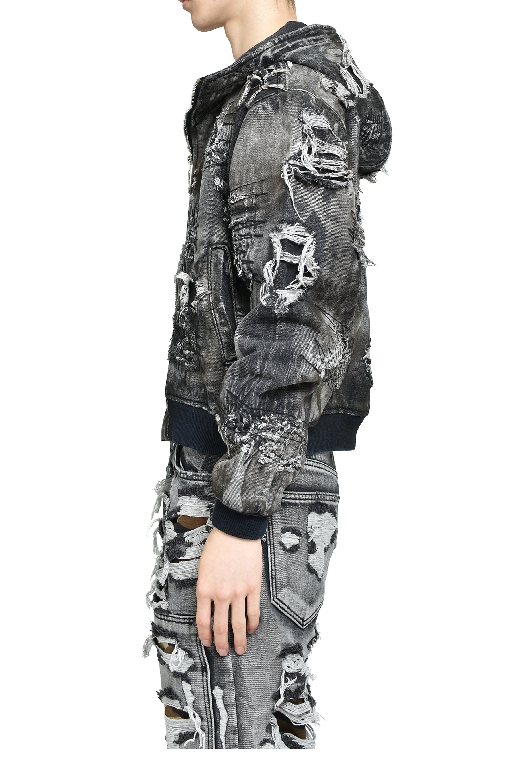 HARD-WASHED DAMAGED DENIM HOODED ZIP-UP / BLK 