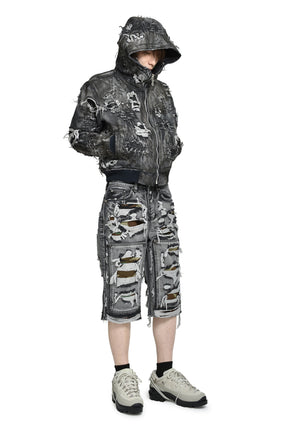 HARD-WASHED DAMAGED DENIM HOODED ZIP-UP / BLK 