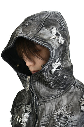 HARD-WASHED DAMAGED DENIM HOODED ZIP-UP / BLK 