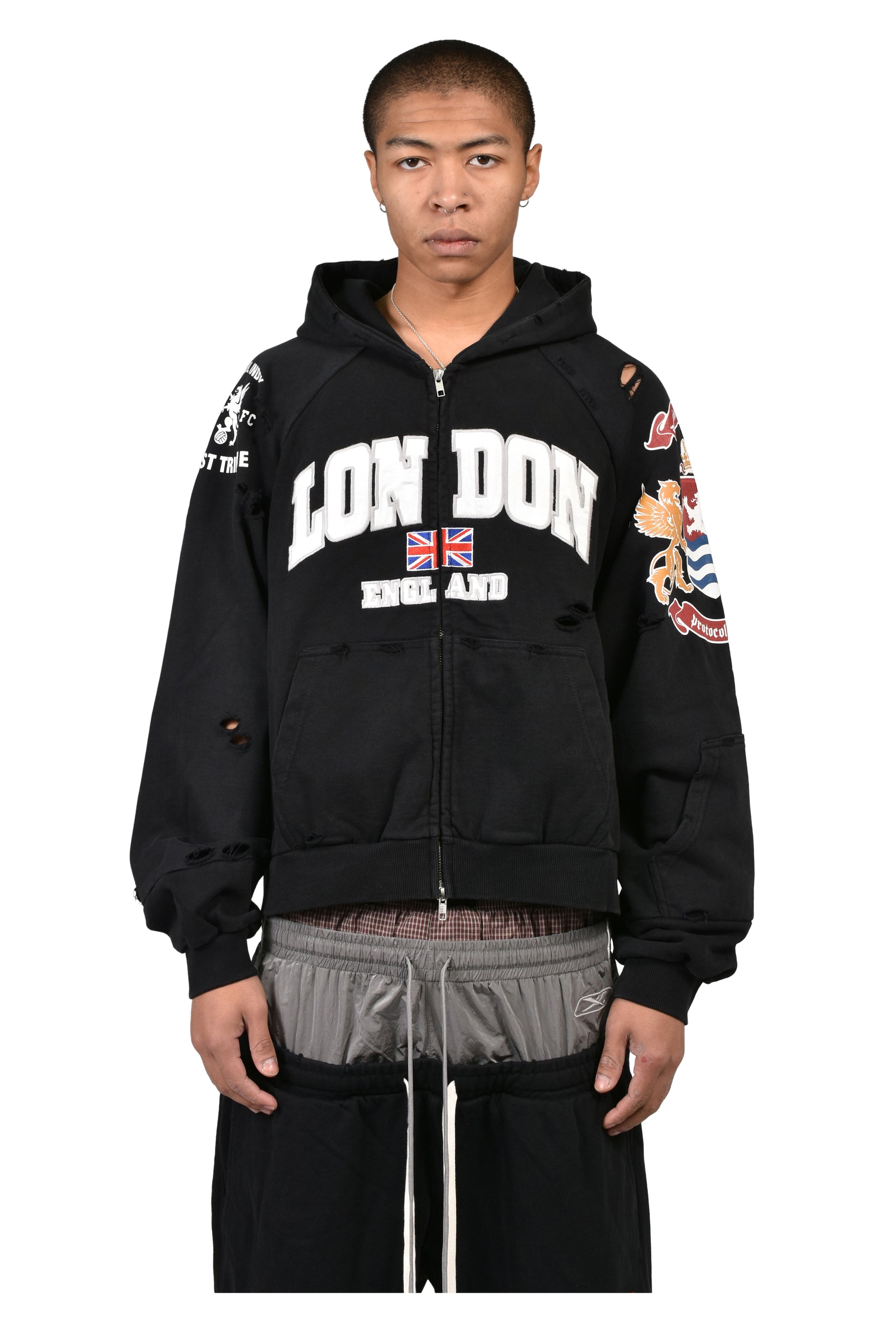 LONDON RECONSTRUCTED FOLDED ZIP HOODIE / BLK