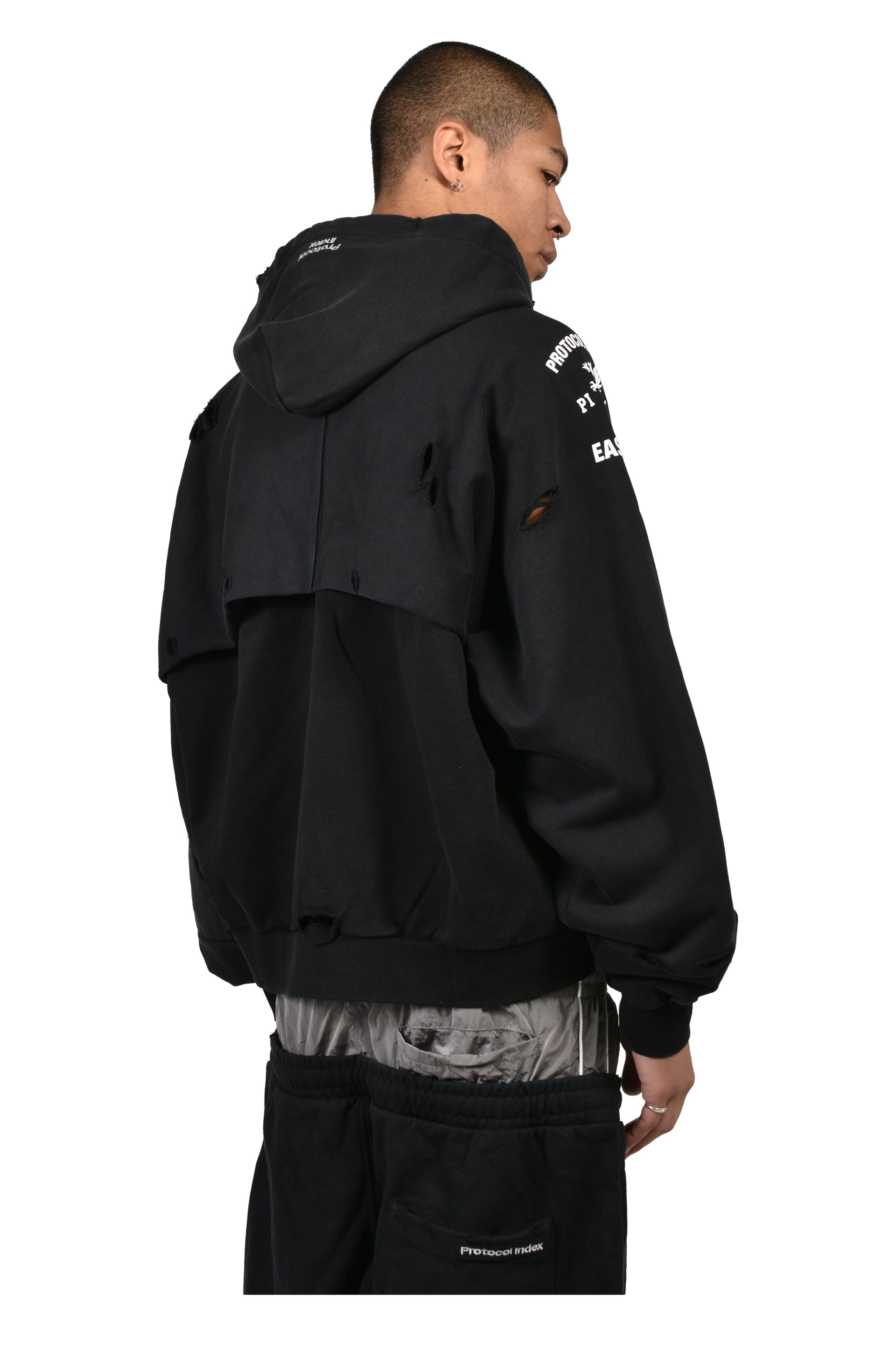 LONDON RECONSTRUCTED FOLDED ZIP HOODIE / BLK