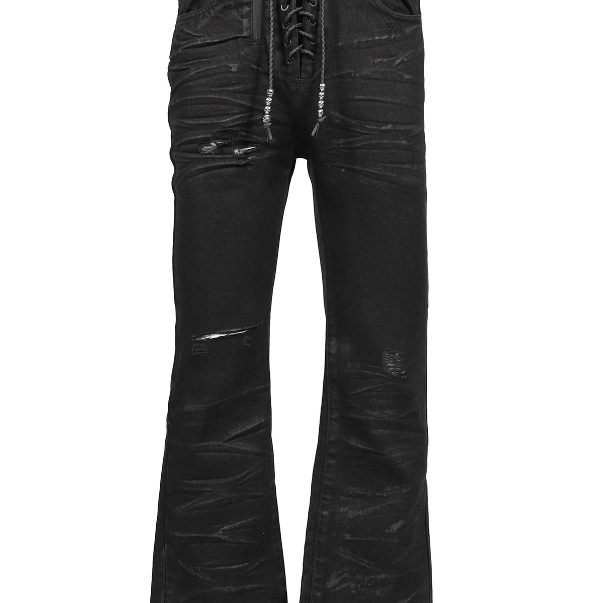 NUBIAN FUGUIHUAリボンデニム Troubled Waters トラブル ウォーター FW26 LACE UP JEANS / WAXED BLK