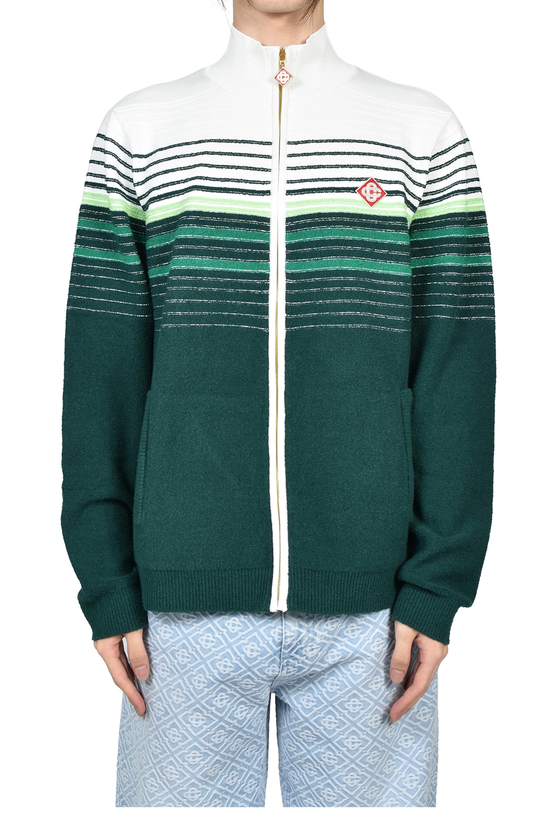 BOUCLE STRIPE ZIP UP / GRN WHT