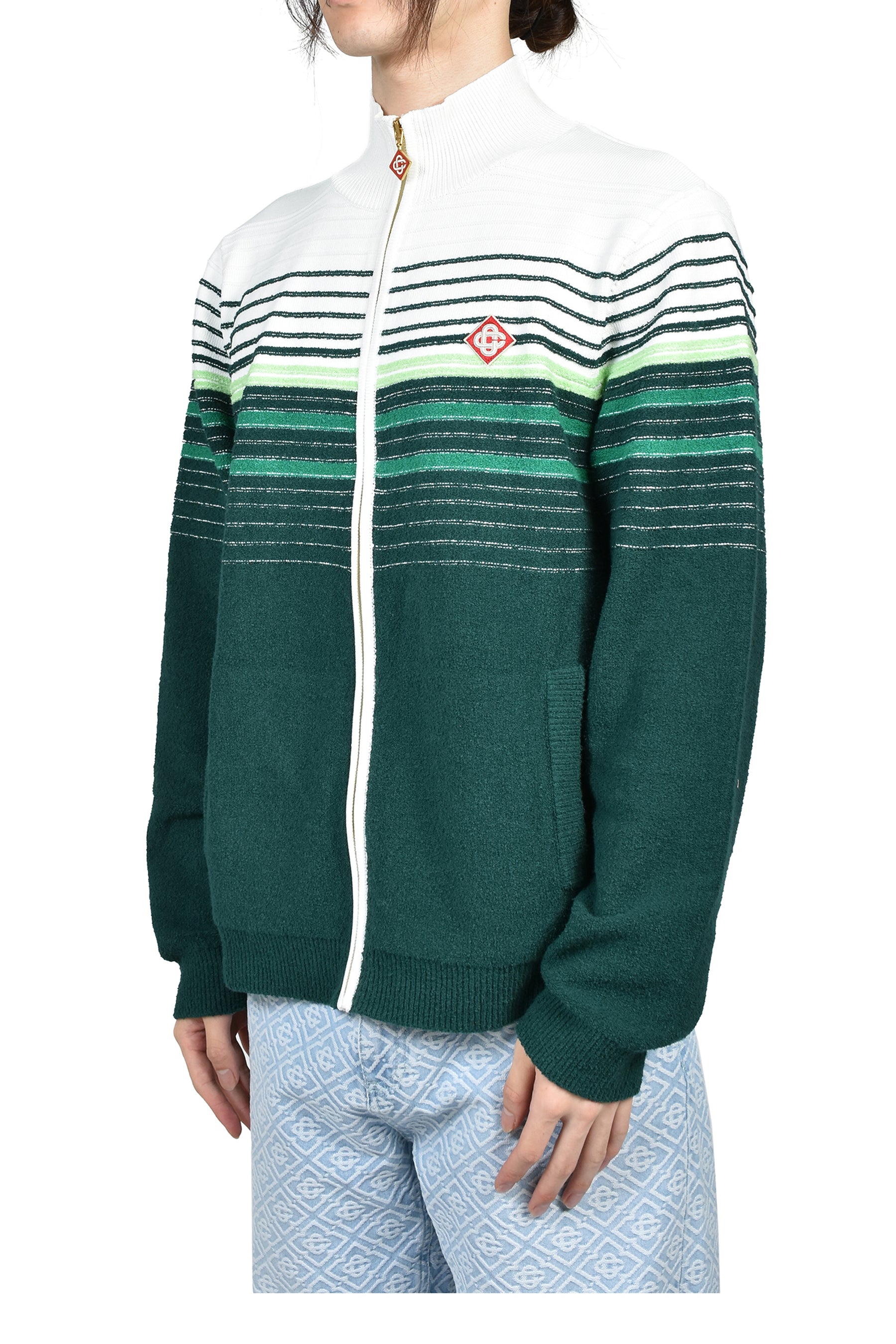 BOUCLE STRIPE ZIP UP / GRN WHT