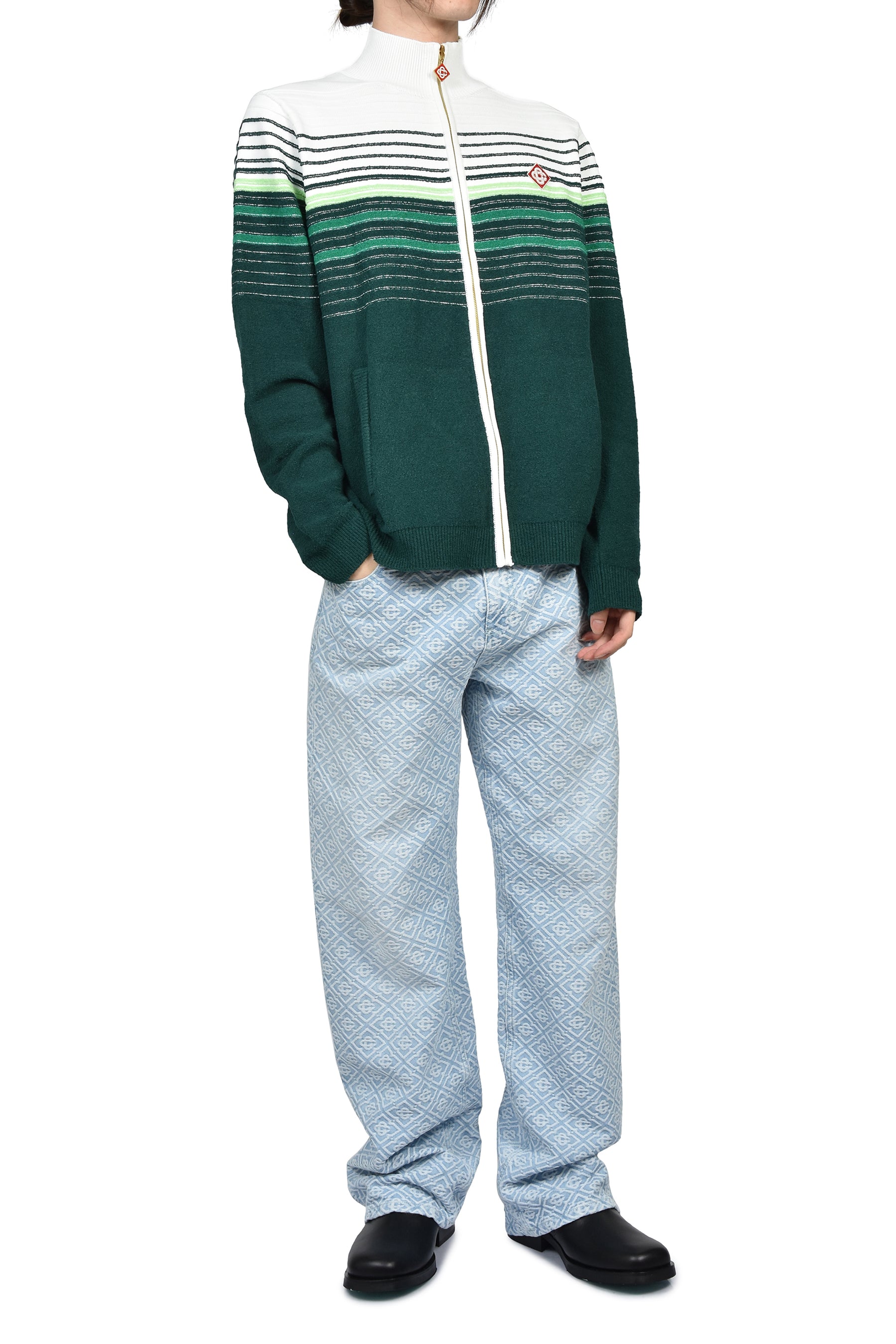 BOUCLE STRIPE ZIP UP / GRN WHT