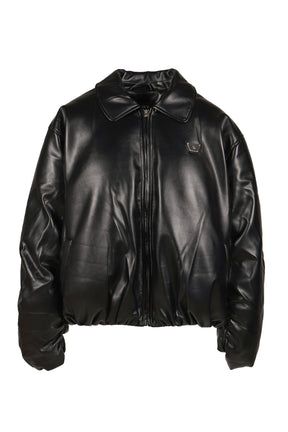 FAUX LEATHER PUFFER BOMBER JACKET / BLK