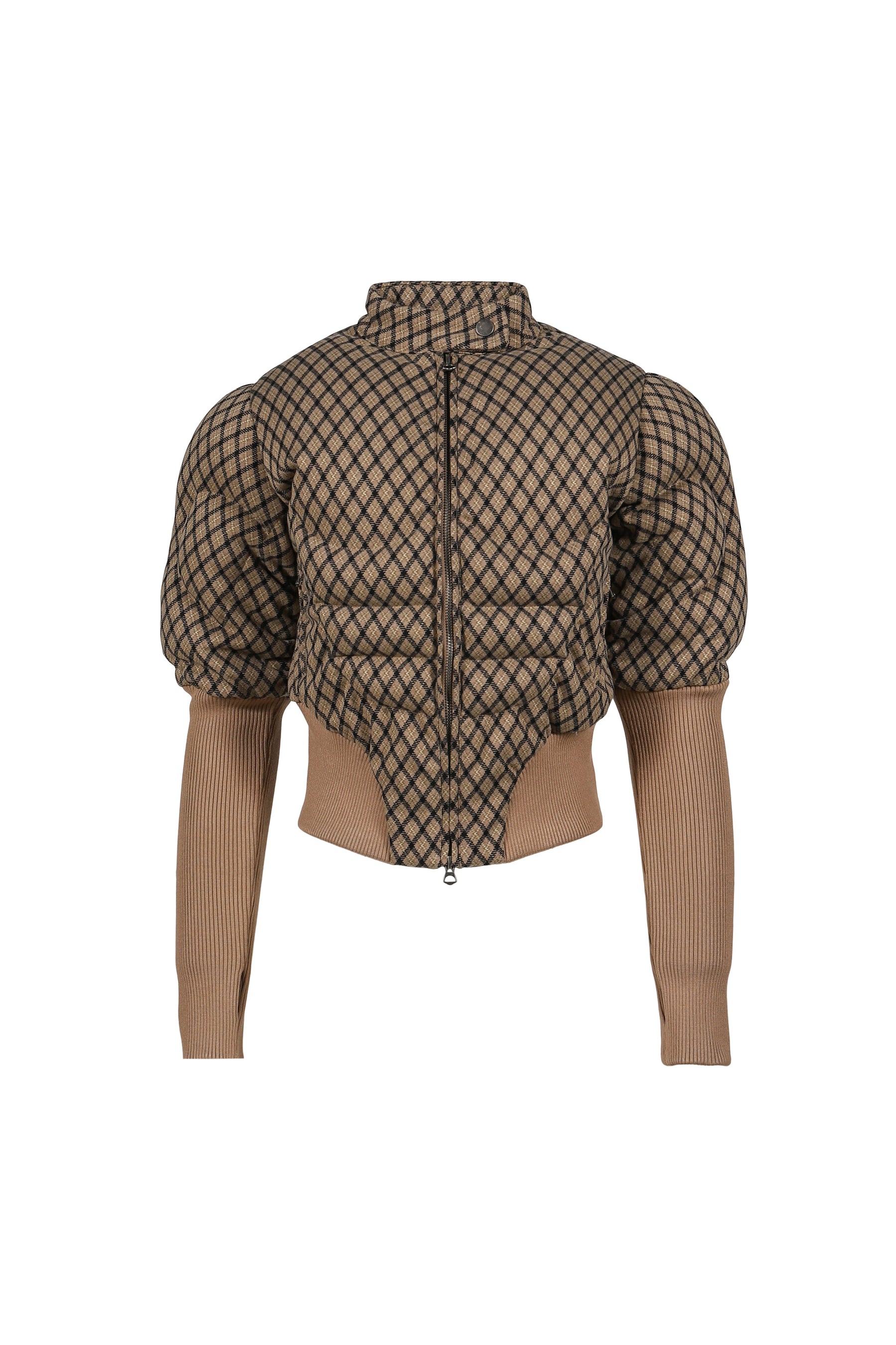 BROWN PLAID MUSCLE FIT SHORT PUFFER RACER JACKET / BRW