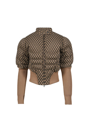 BROWN PLAID MUSCLE FIT SHORT PUFFER RACER JACKET / BRW