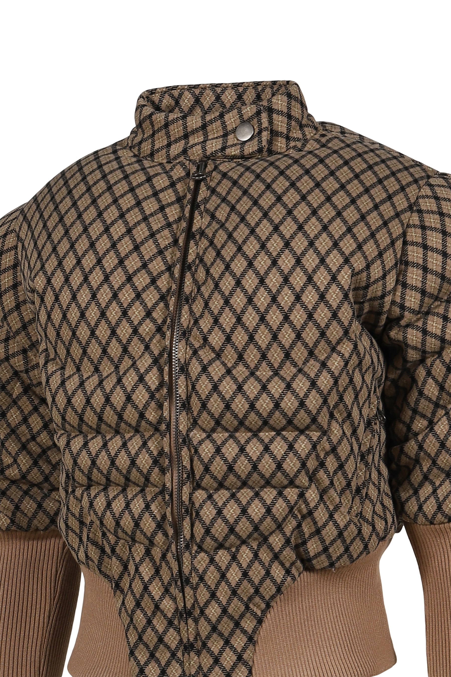 BROWN PLAID MUSCLE FIT SHORT PUFFER RACER JACKET / BRW