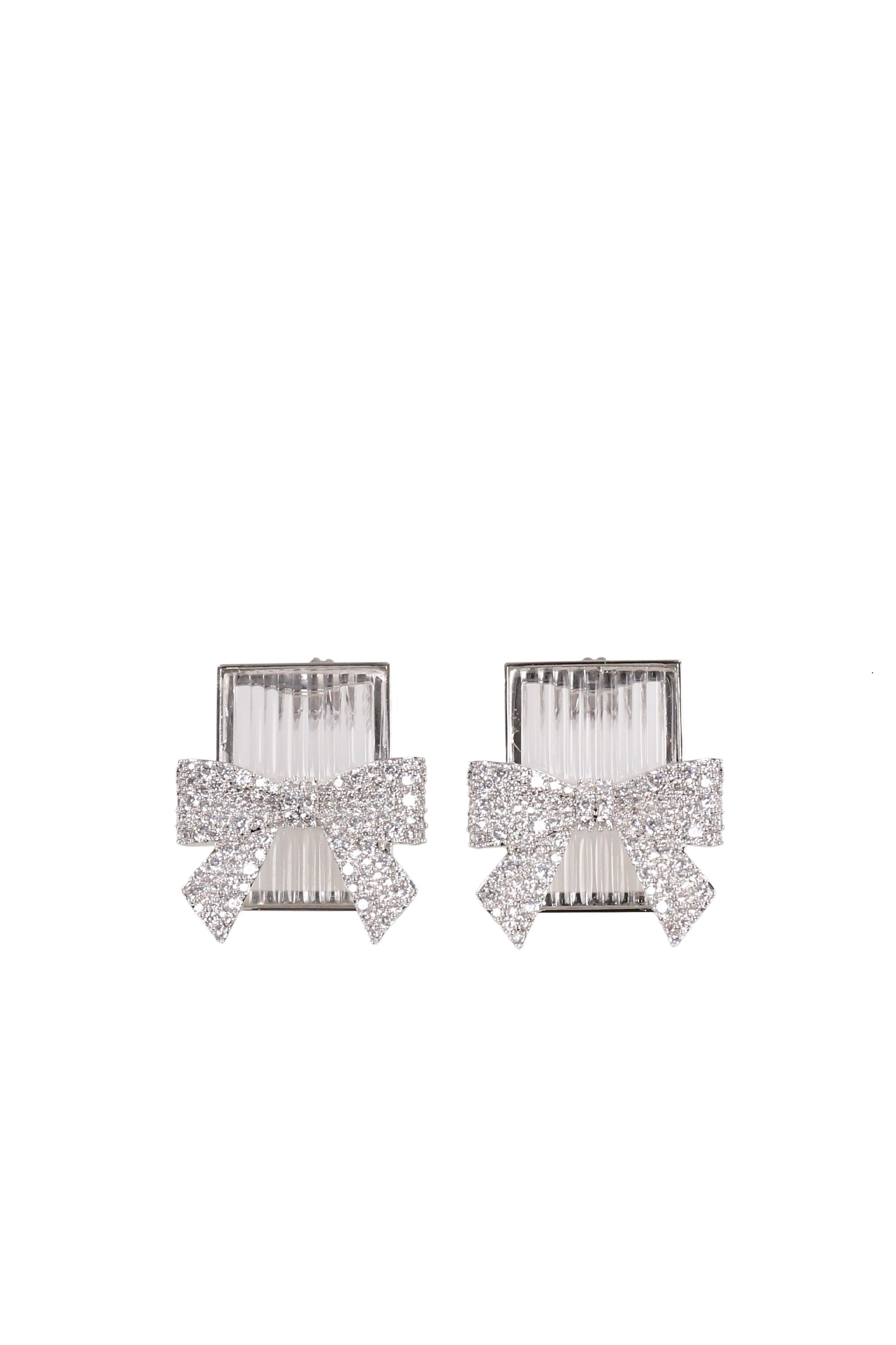 BOW-ADORNED SQUARE GLASS STUD EARRINGS / WHT