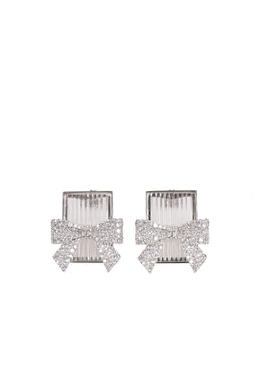 BOW-ADORNED SQUARE GLASS STUD EARRINGS / WHT