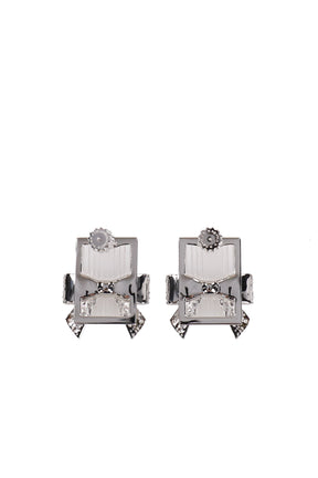 BOW-ADORNED SQUARE GLASS STUD EARRINGS / WHT