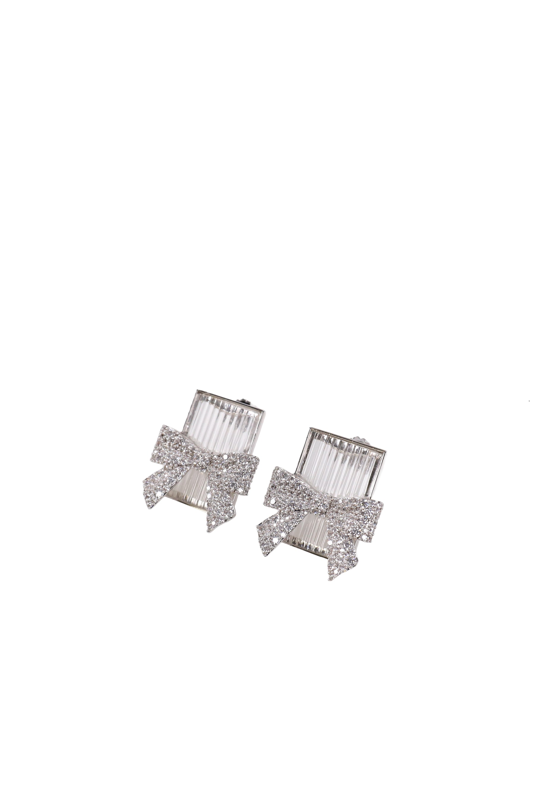 BOW-ADORNED SQUARE GLASS STUD EARRINGS / WHT