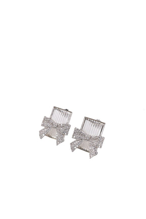 BOW-ADORNED SQUARE GLASS STUD EARRINGS / WHT