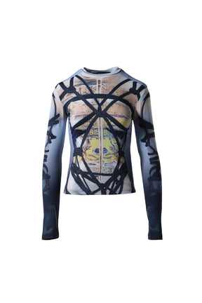 BONDAGE PRINT LONG SLEEVE FITTED TOP / BLU