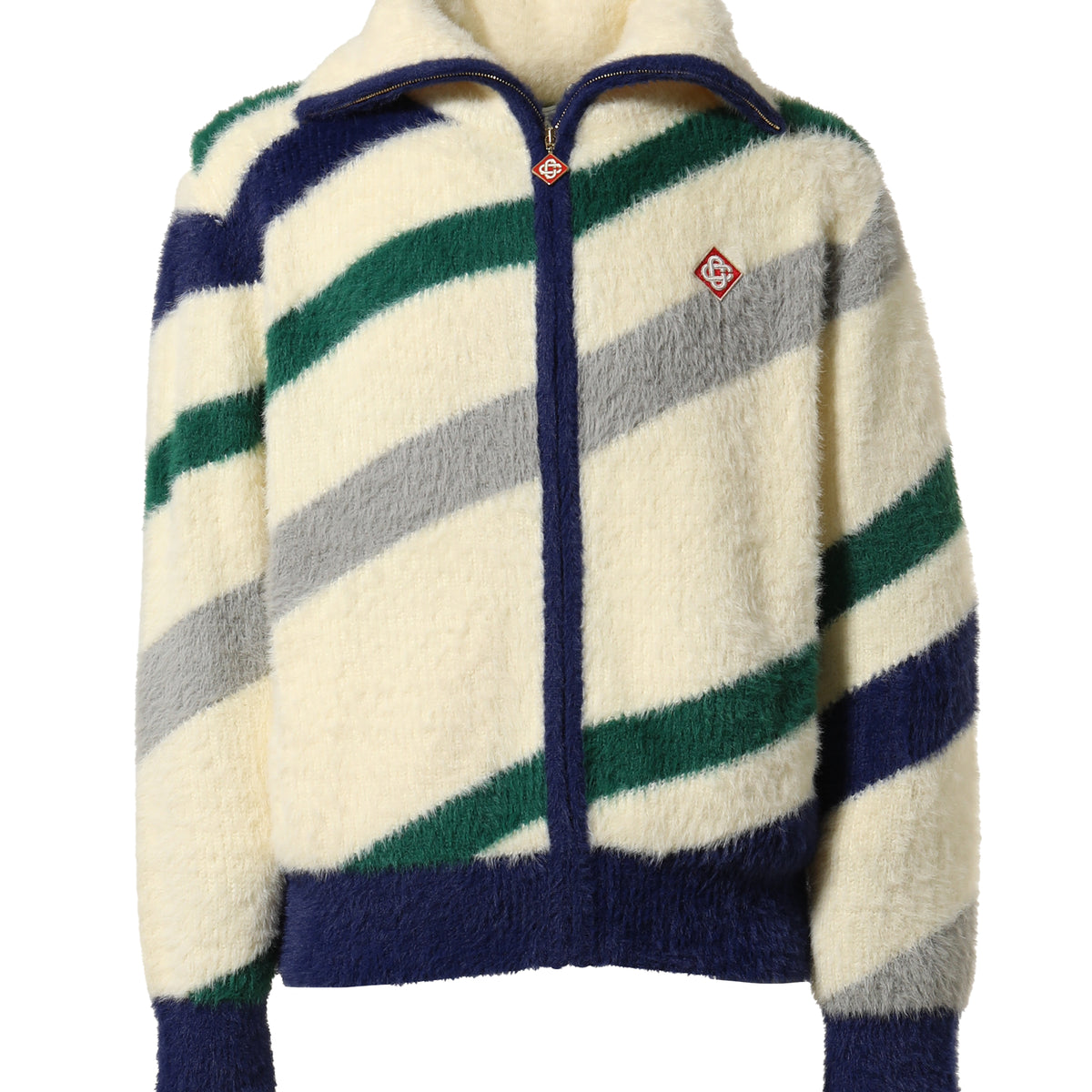 Casablanca FW23 FURRY STRIPED ZIP UP JUMPER / WHT BLU GRN -NUBIAN