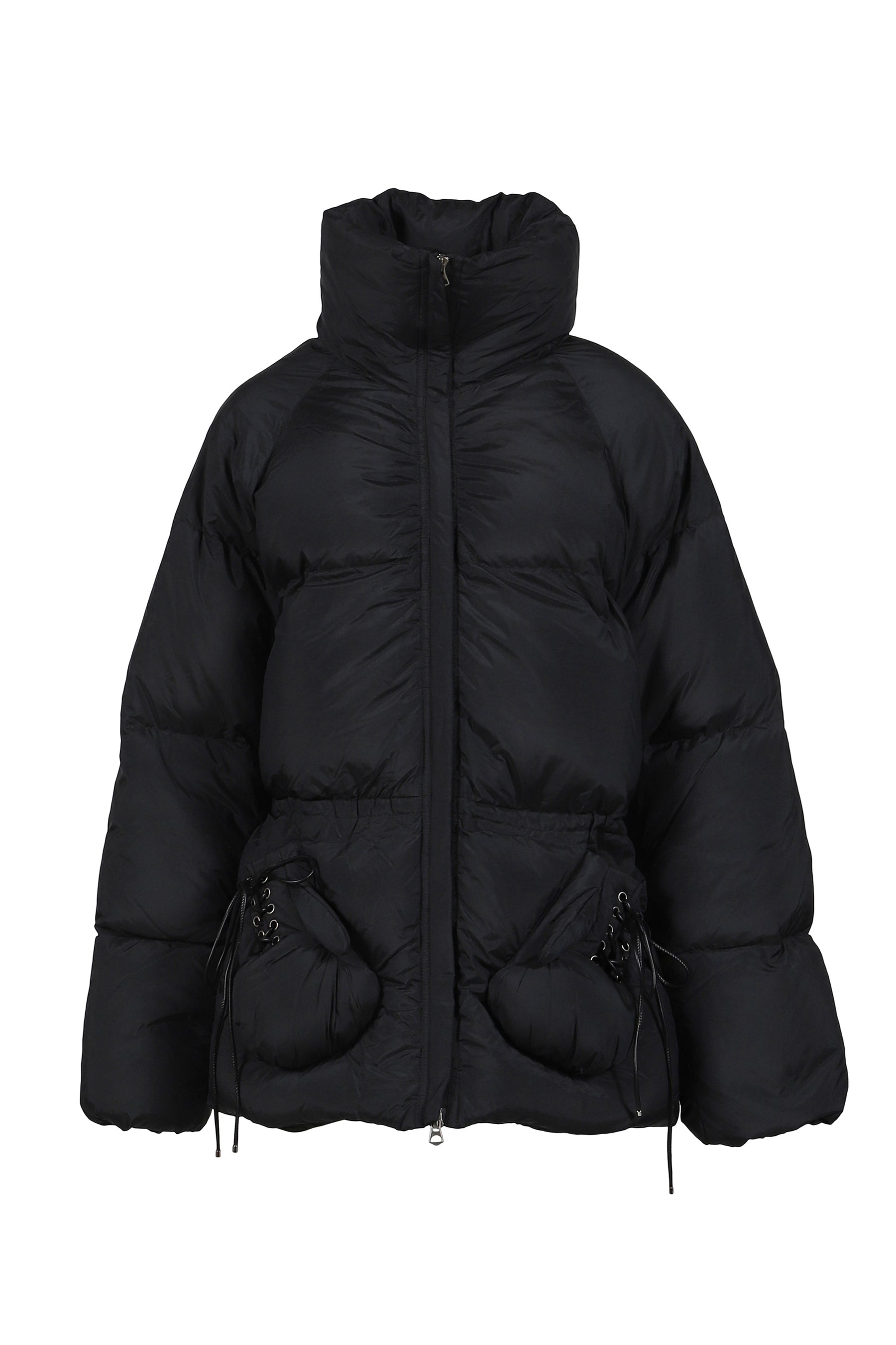 BLACK PUFFER JACKET WITH BOXING GLOVE DETAILS