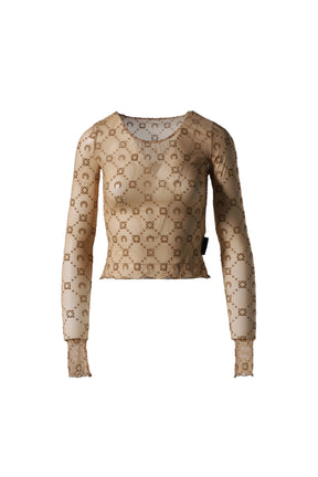 MOONOGRAM MESH FLOCK SECOND SKIN CROPPED TOP / CAMEL