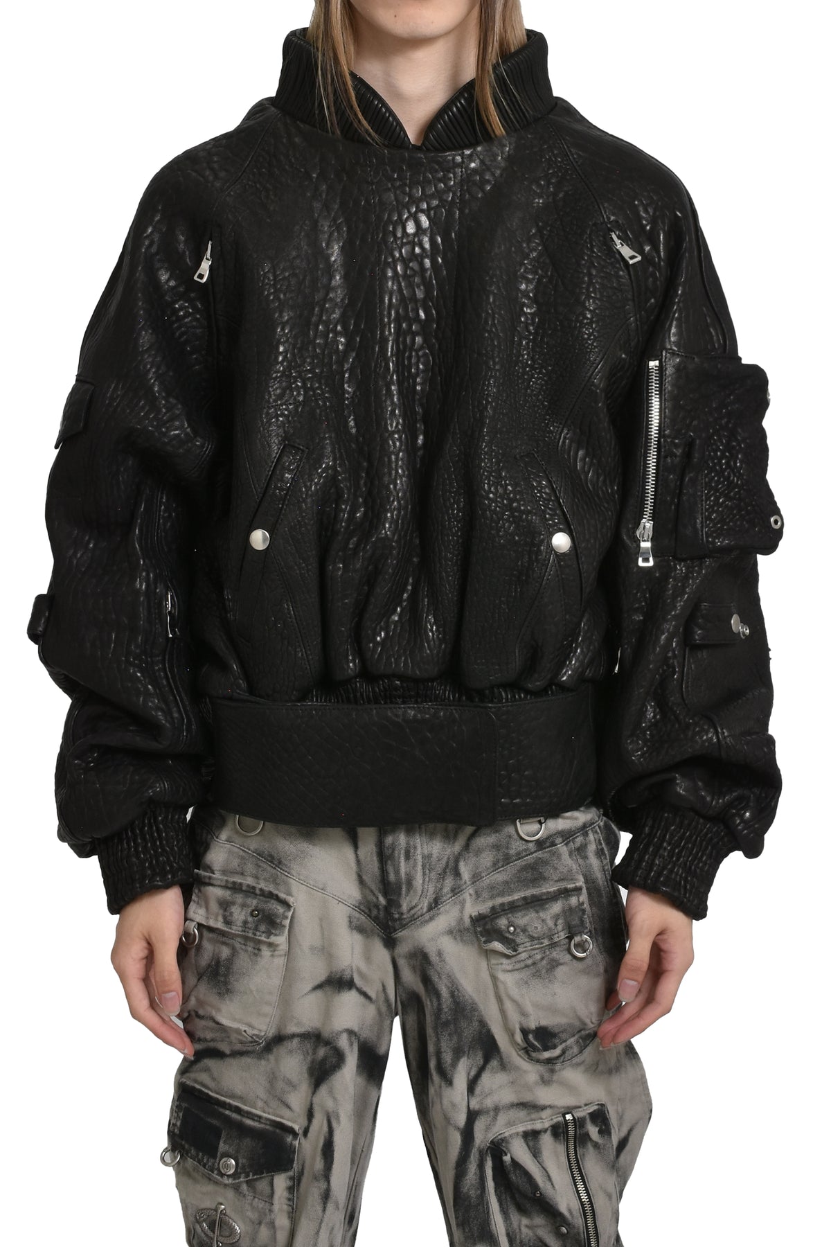 LEATHER BOMBER JACKET PULLOVER / BLK