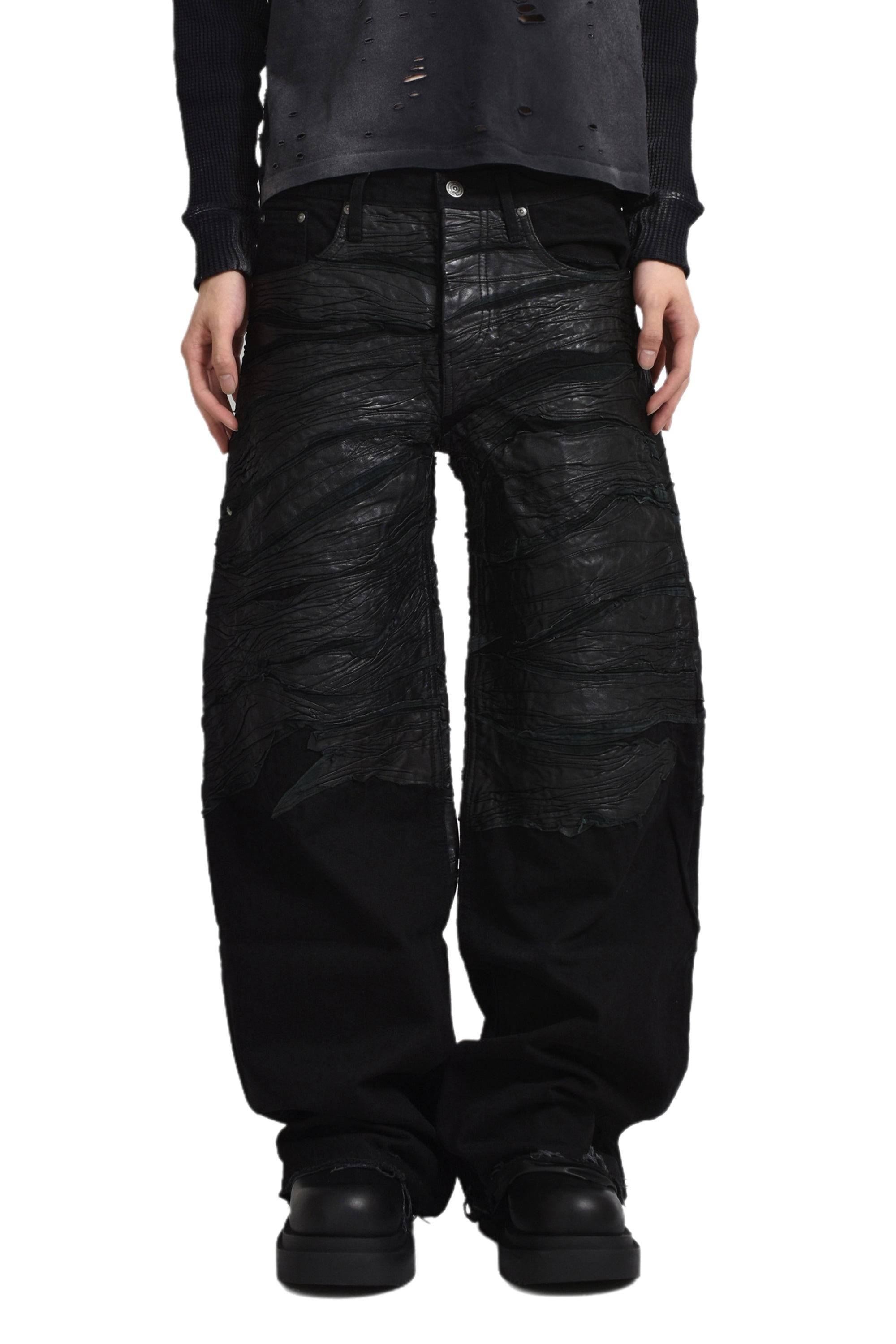 CRUDE LEATHER BAGGY DENIM / BLK