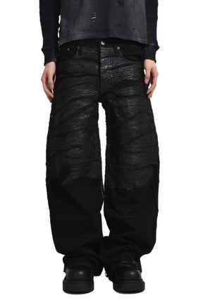 CRUDE LEATHER BAGGY DENIM / BLK