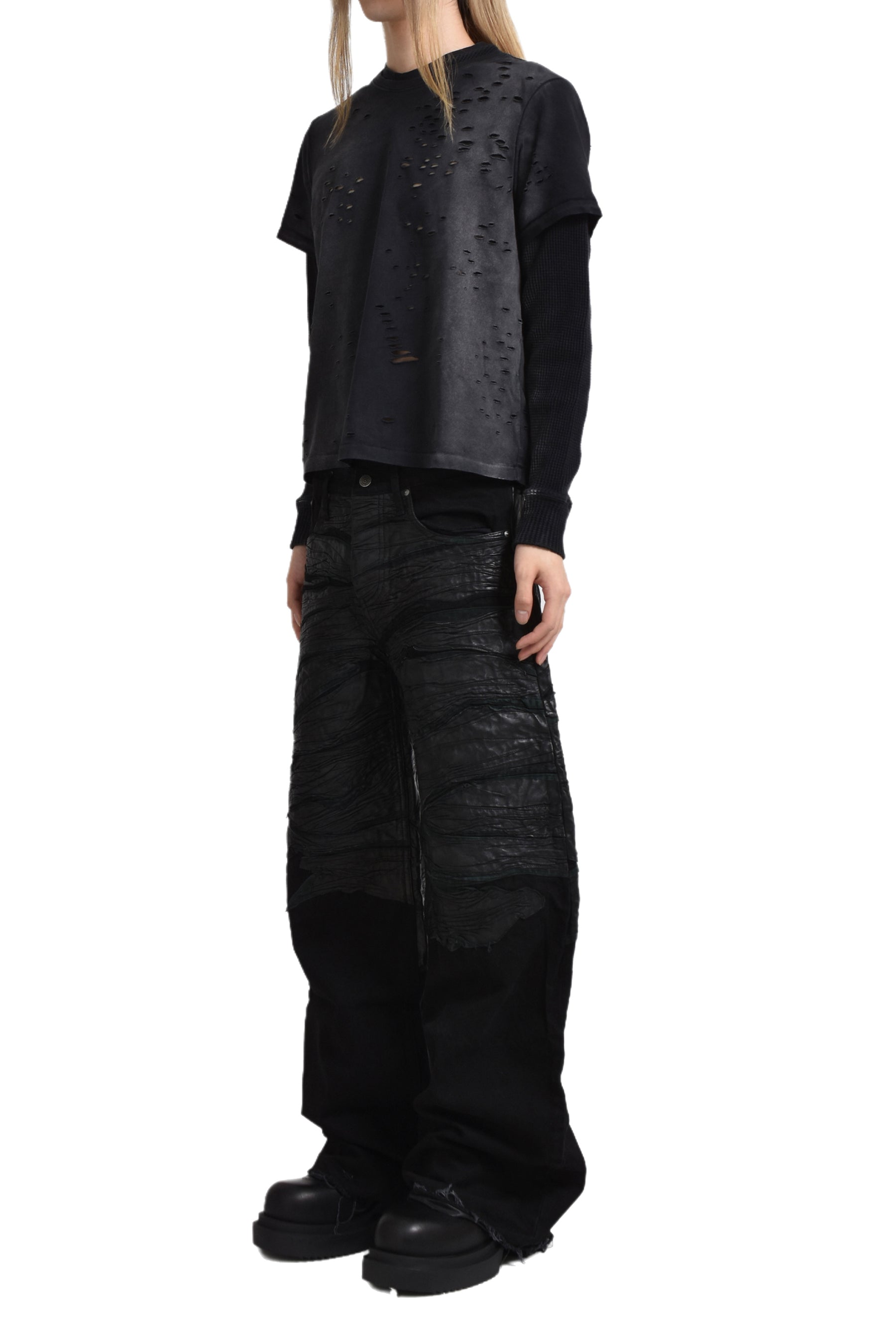 CRUDE LEATHER BAGGY DENIM / BLK