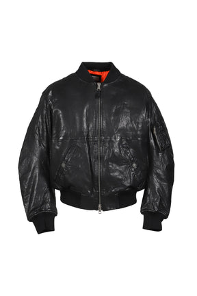 COW LEATHER CROPPERD BOMBER / BLK