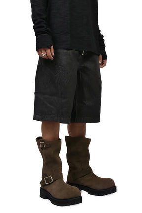 FRONT ZIP SHORTS  / WAXED BLK