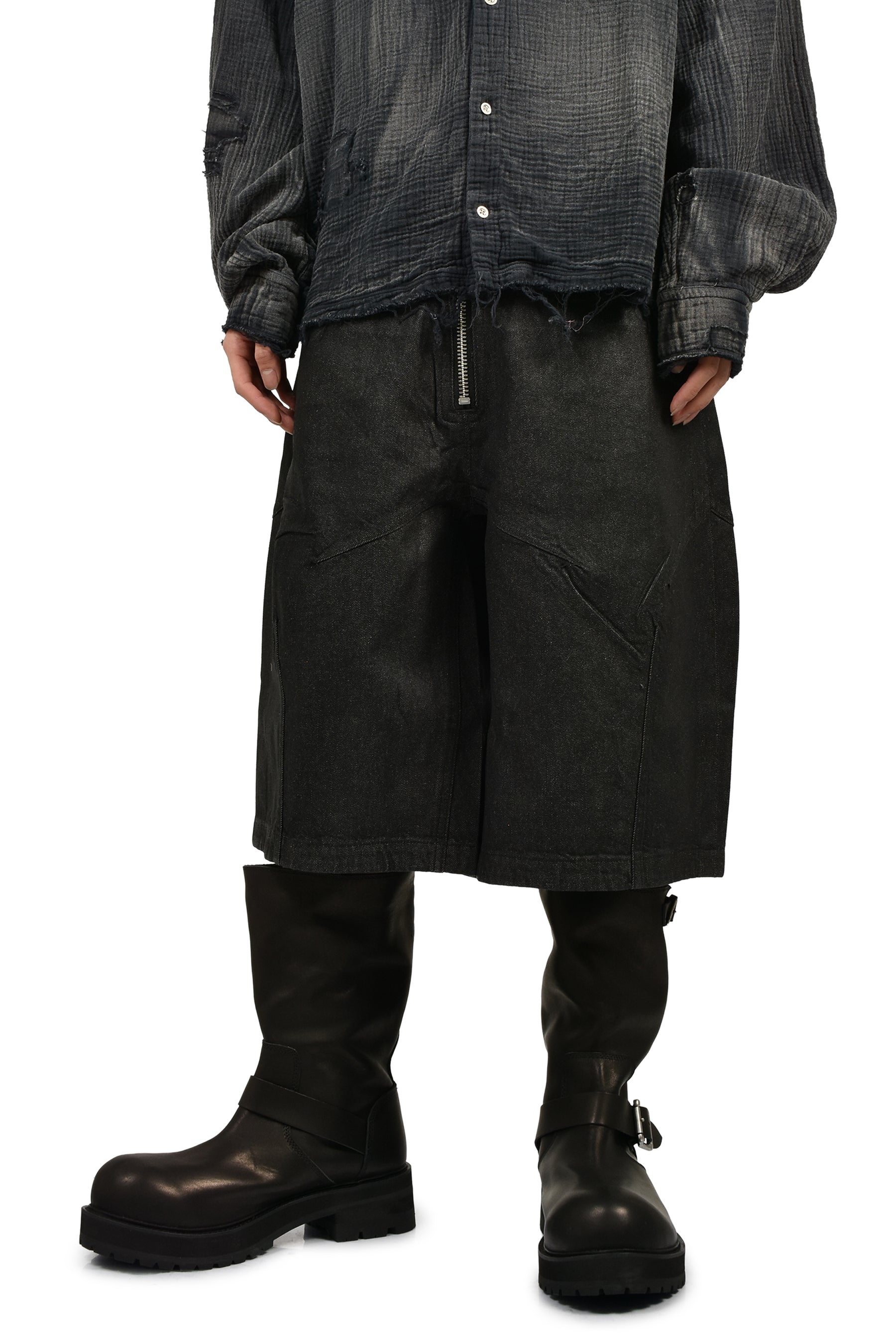FILTH フィルス SS26 FRONT ZIP SHORTS / WAXED BLK - NUBIAN ヌビアン