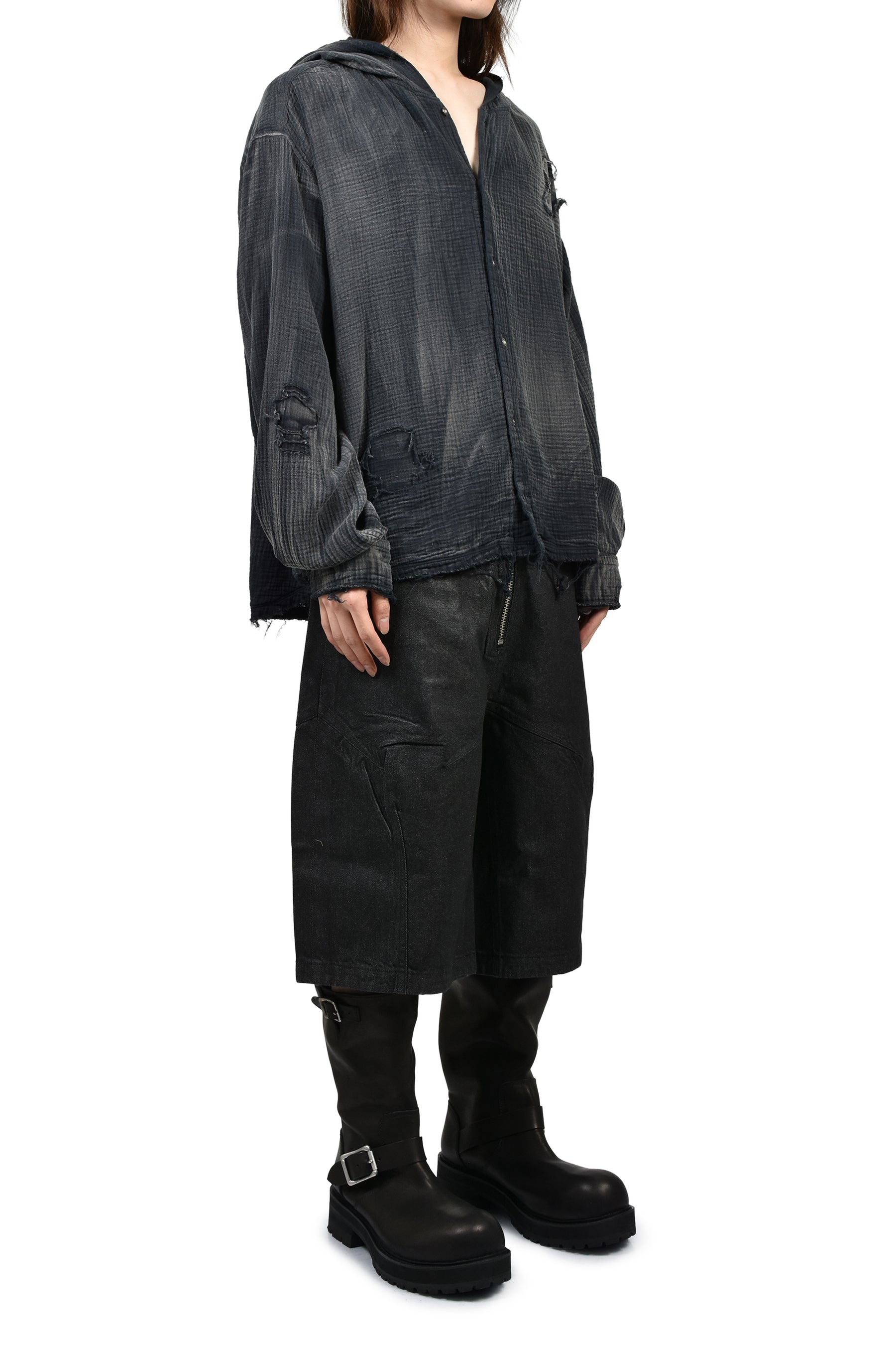 FILTH フィルス SS26 FRONT ZIP SHORTS / WAXED BLK - NUBIAN ヌビアン