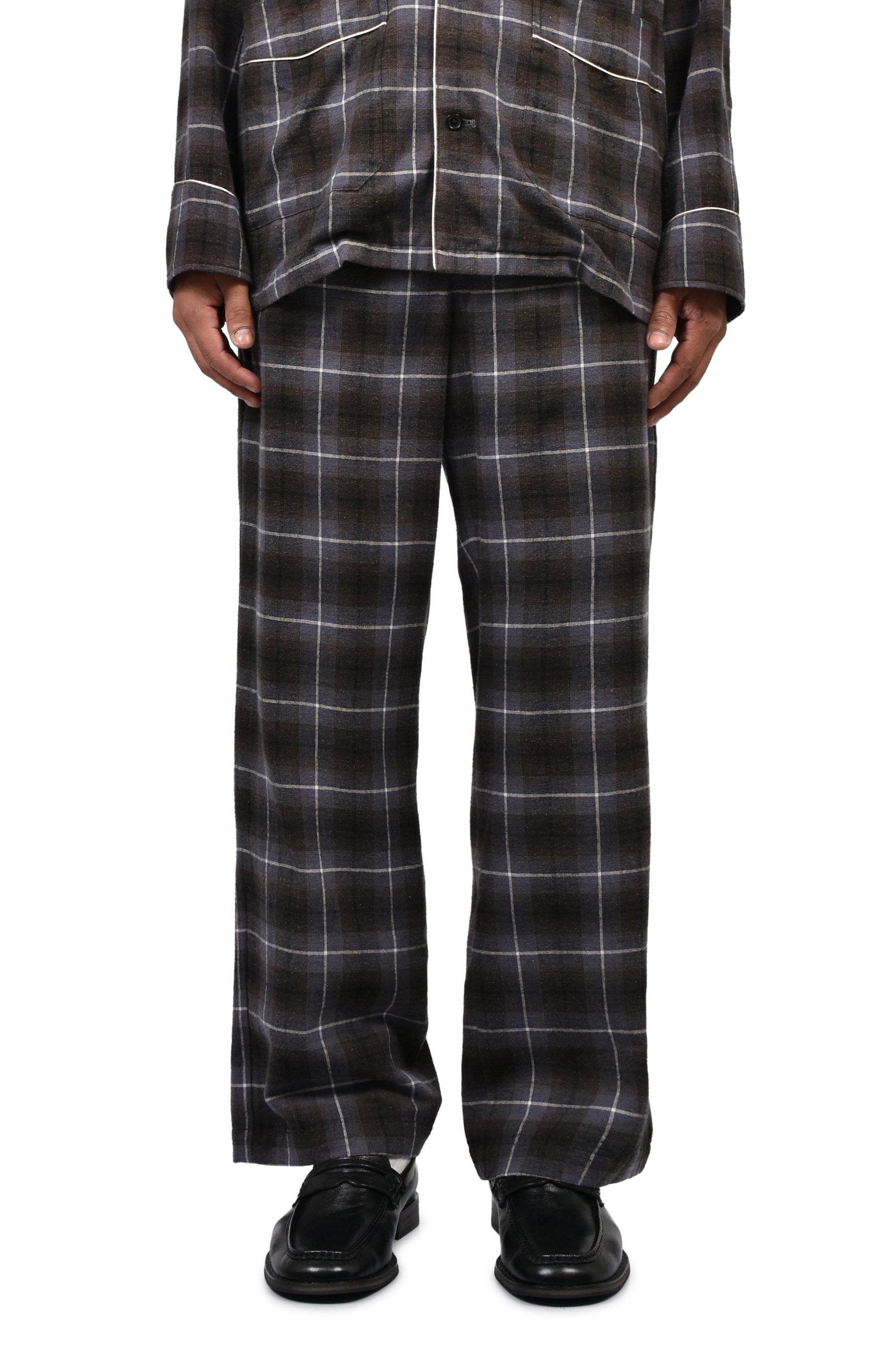 "GOOD SLEEPING WEAR" SILK COTTON CHECK PANTS  / BLK/PUR