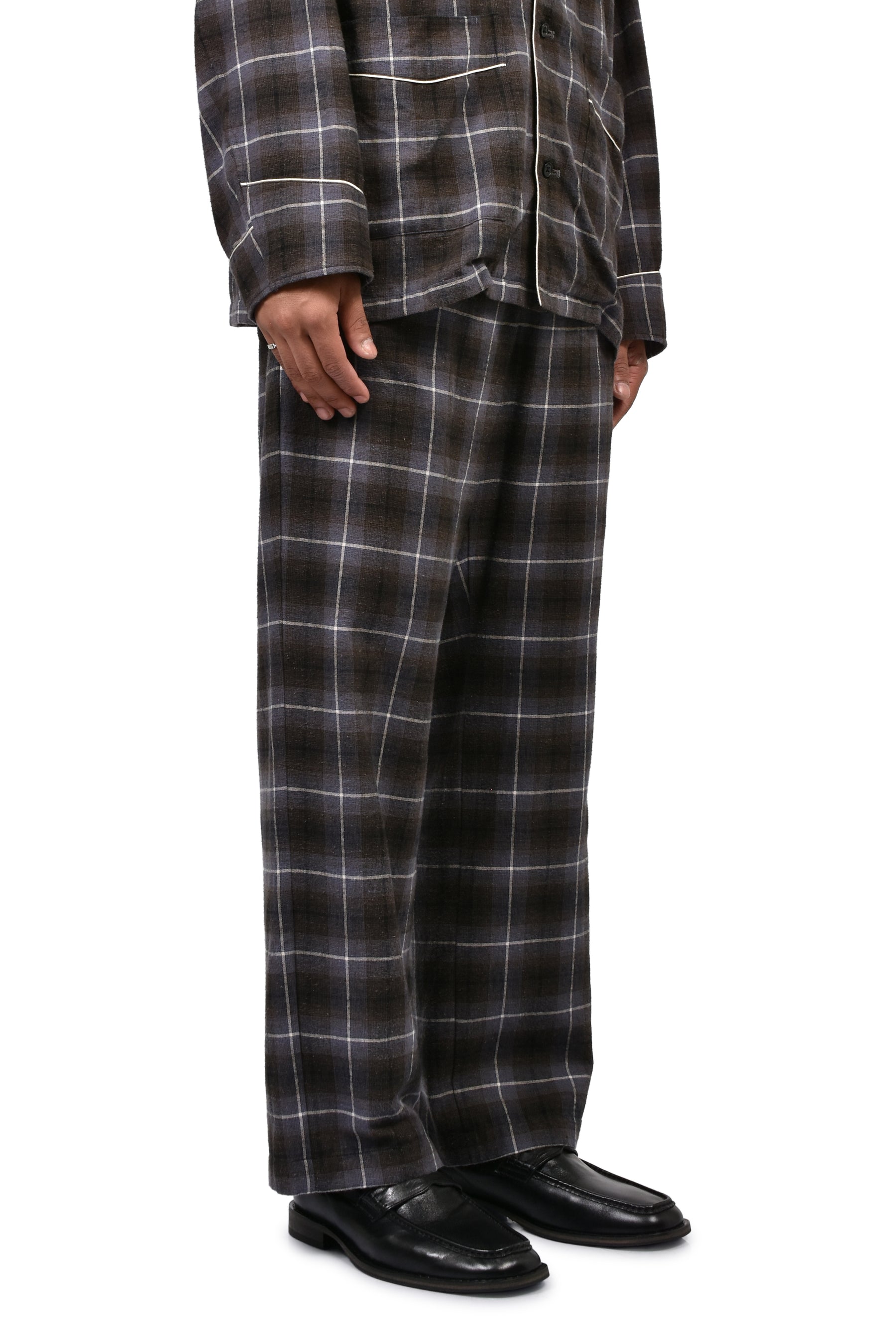 "GOOD SLEEPING WEAR" SILK COTTON CHECK PANTS  / BLK/PUR