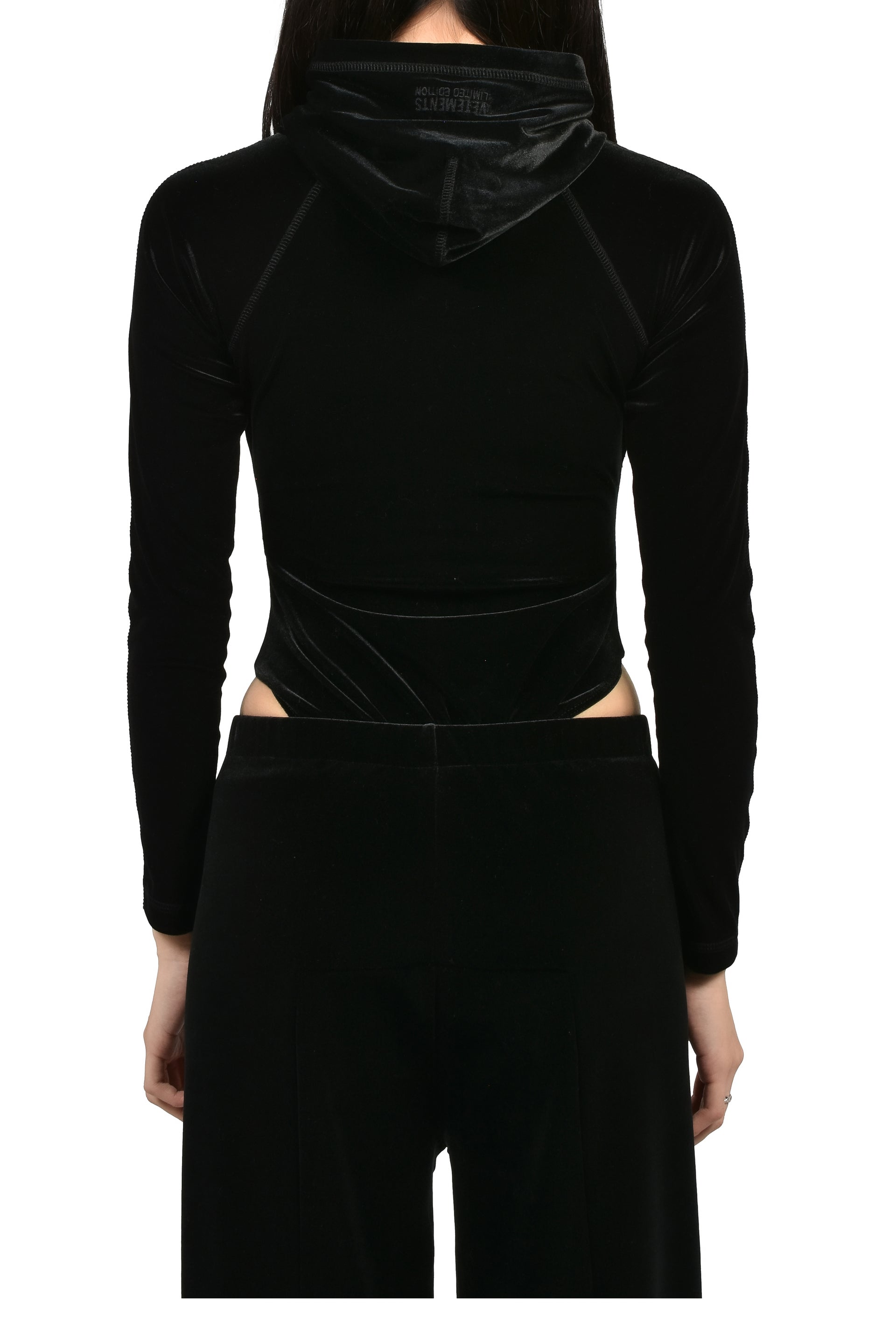 VELVET HOODED BODYSUIT / BLK