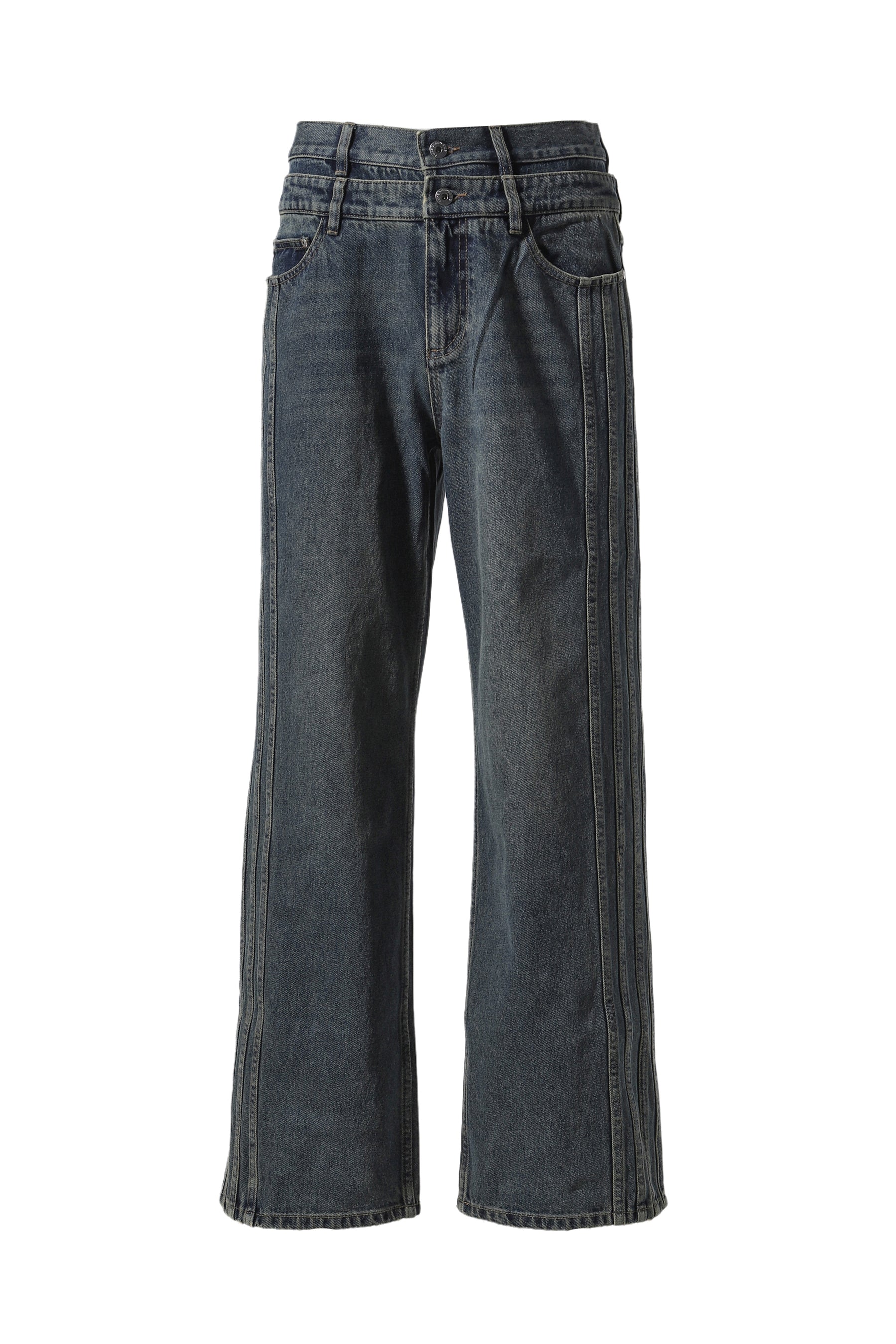 DENIM SEAMING DOUBLE WAIST PANTS / BLU